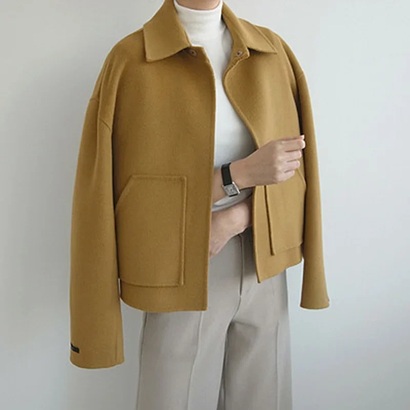 2024 Drop Shoulder Loose Handmade Wool Coat Women Autumn Winter Double-Sided Cocoon Woolen Short Coat Oversized Solid Color