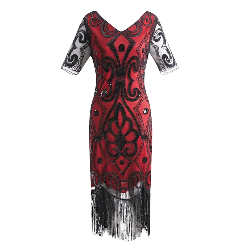 

Great Gatsby 1920s Women's Inspired Sequin Beads Long Fringe V Neck Sleeve Art Deco Flapper Dress with Sleeve Plus Size