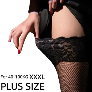 Calze Lunghe a Rete Nere Taglia Grande con Top in Pizzo, Calze Sopra il Ginocchio con Silicone Antiscivolo per Ragazze e Donne XXXXL