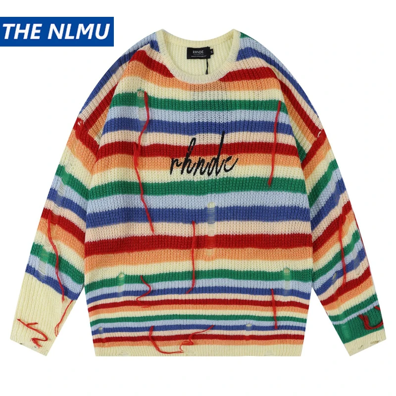 

2023 Y2K Hole Knitted Sweater Hip Hop Streetwear Striped Ripped Pullover Men Harajuku Casual Knitwear Unisex Clothing