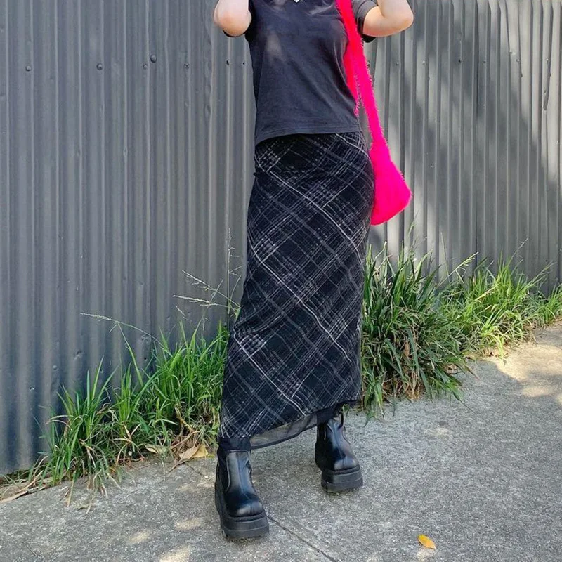 

2022 Spring Summer Fairy Long Tulle Skirts Women Kawaii Plaid Black Skirt Harajuku Low waisted Skirt Korean