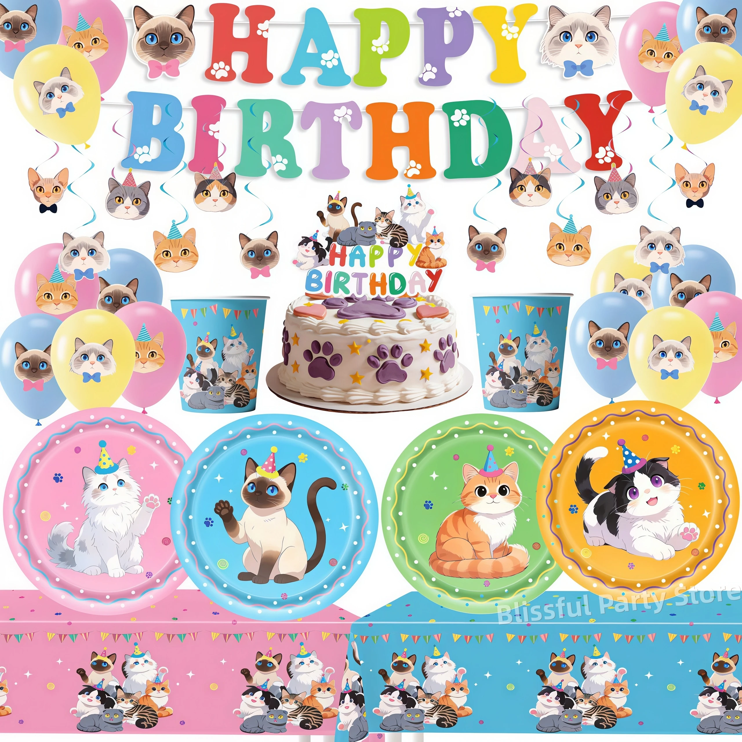 Haustier-Katzen Geburtstagsparty Dekoration Niedliches Kätzchen Tischgeschirr-Set Tasse Teller Tischdecke Katzen-Thema Ballon Kinder-Partyartikel Babyparty-Zubehör