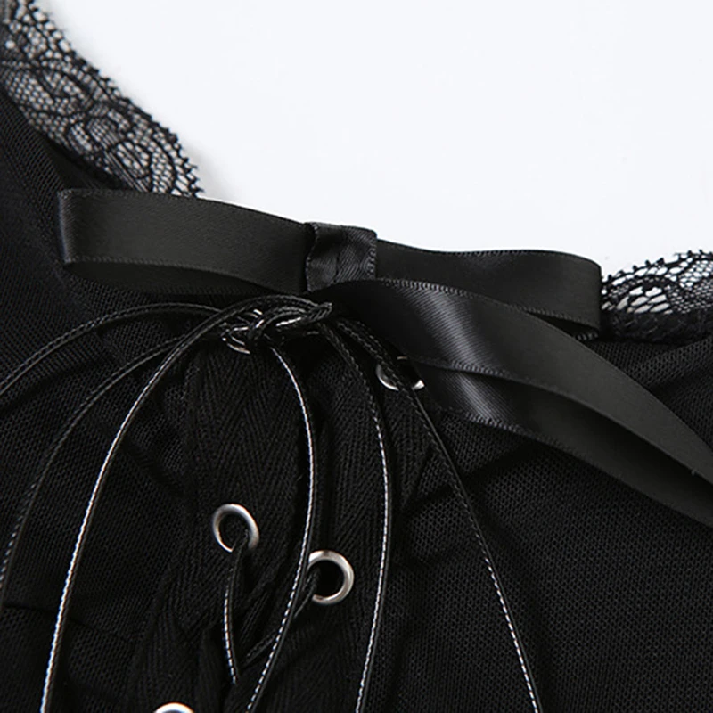 y2k Dress Women Sexy Lace Patchwork Tie Front Spaghetti Strap Sleeveless Bodycon Dress Club Party Dresses Clubwear