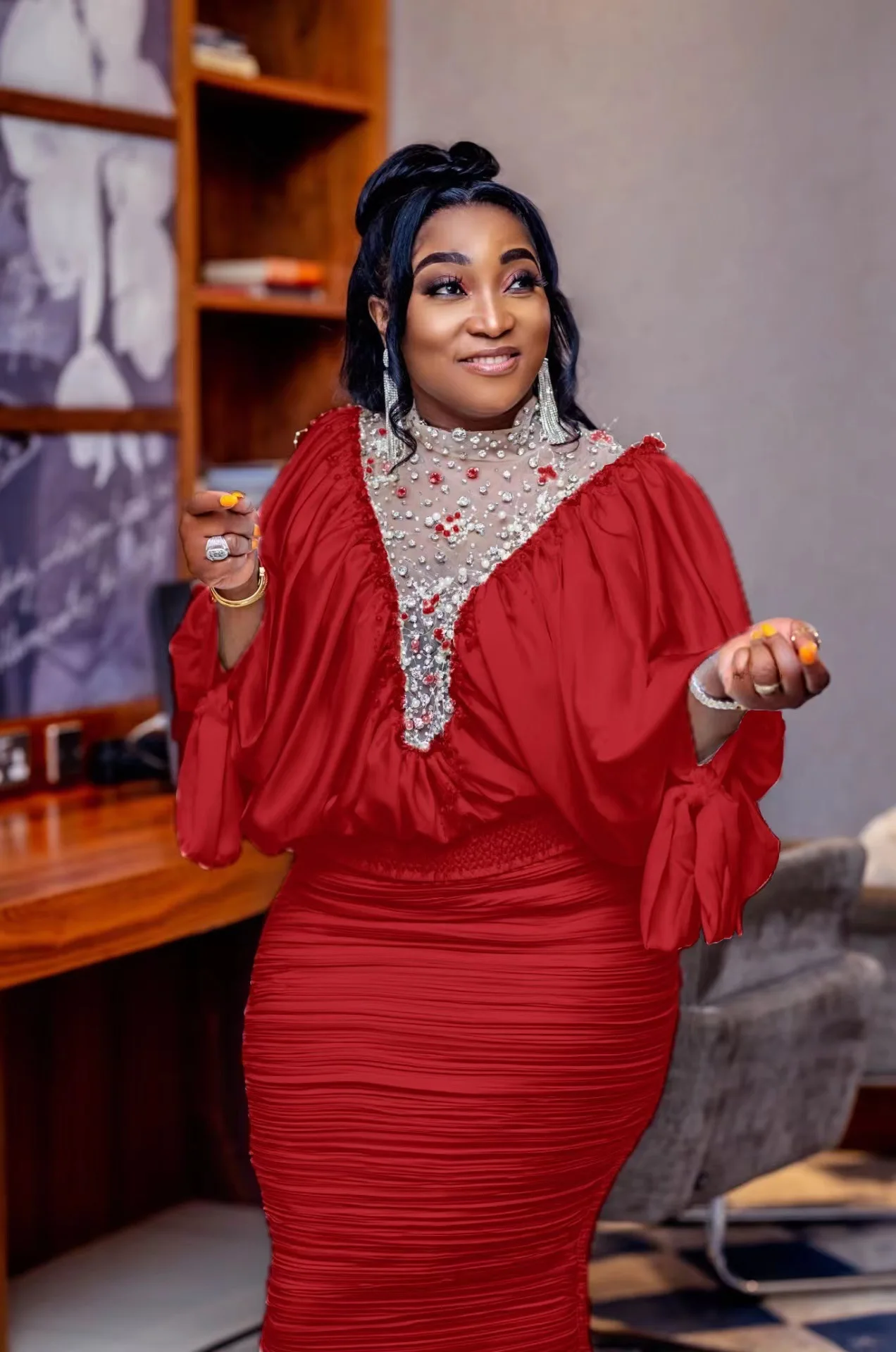 

2 Two Piece Set Africa Clothing African Clothes Plus Size African Dresses for Women 2023 Summer Outfits Bead Mesh Fold Skirt Set