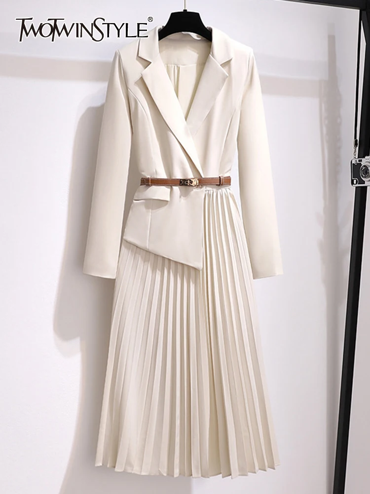 

TWOTWINSTYLE Pleated Dresses For Women Notched Collar Long Sleeve High Waist Splcied Button Elegant Dress Female Fashion Clothes