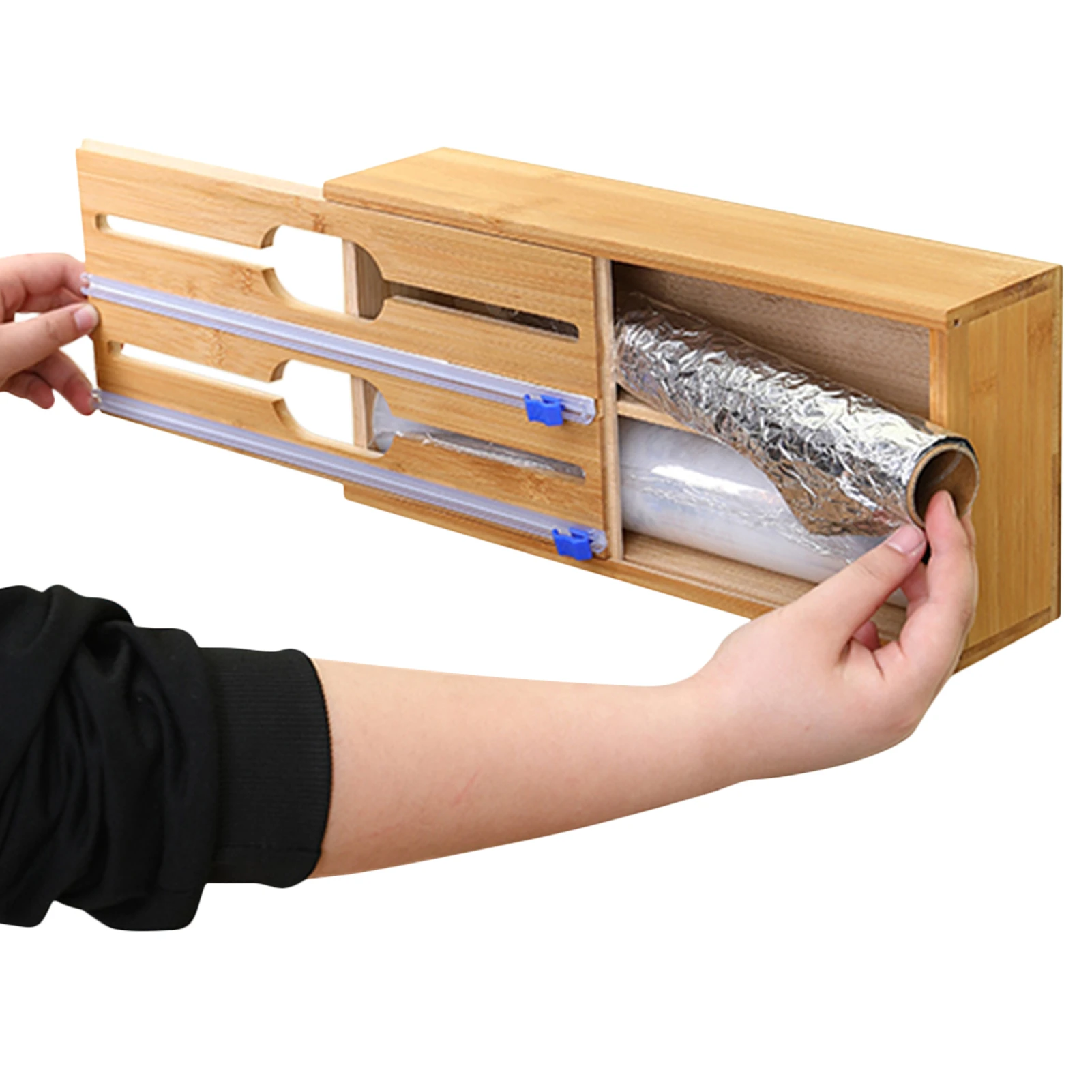 Bamboo Tinfoil Dispenser Kitchen Drawer Foil Divider With Slide Cutter