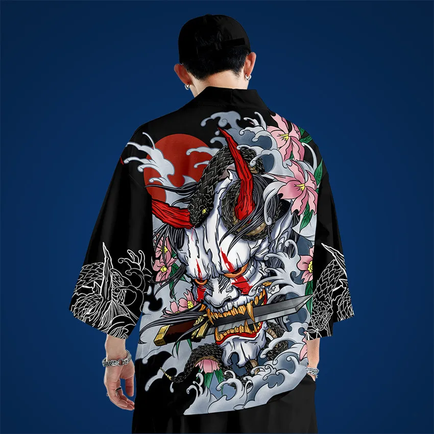 Two-piece Suit Japanese Kimono Cardigan Shorts Set Print Dragon Men Women Shirt Tradition Yukata Haori Obi Coaplay Costume japanese kimono japanese kimono cardigan