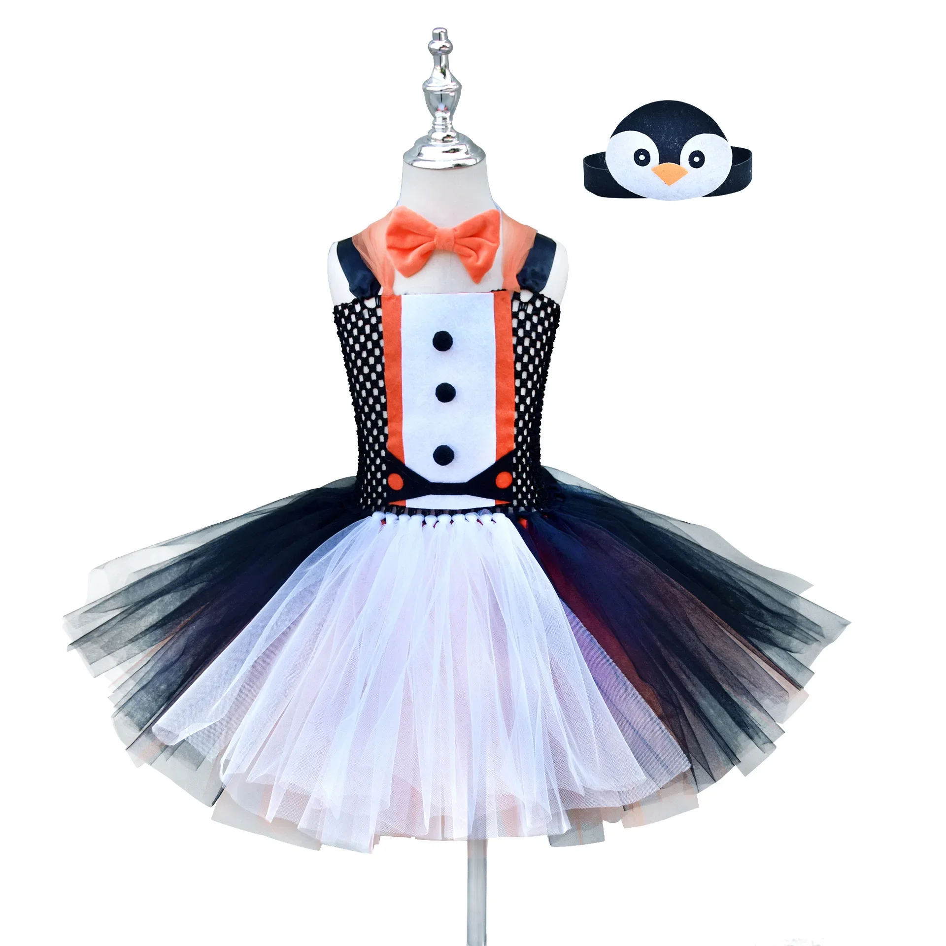 Cosplay Costume Kids Girls Dress Halloween Dress Outfit Animal Penguin Dress Role Play Children's Day Stage Story Meeting Dress Penguin Headband Prop Halloween Carnival Costume