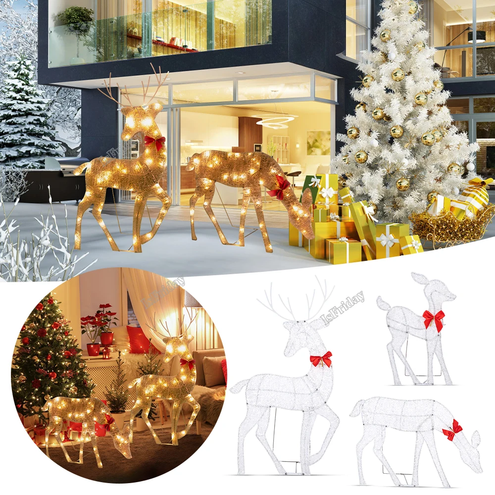 

3pcs/set Glowing Iron Art Elk Deer Christmas Garden Decoration With LED Light Glowing Glitter Reindeer Xmas Household Decoration