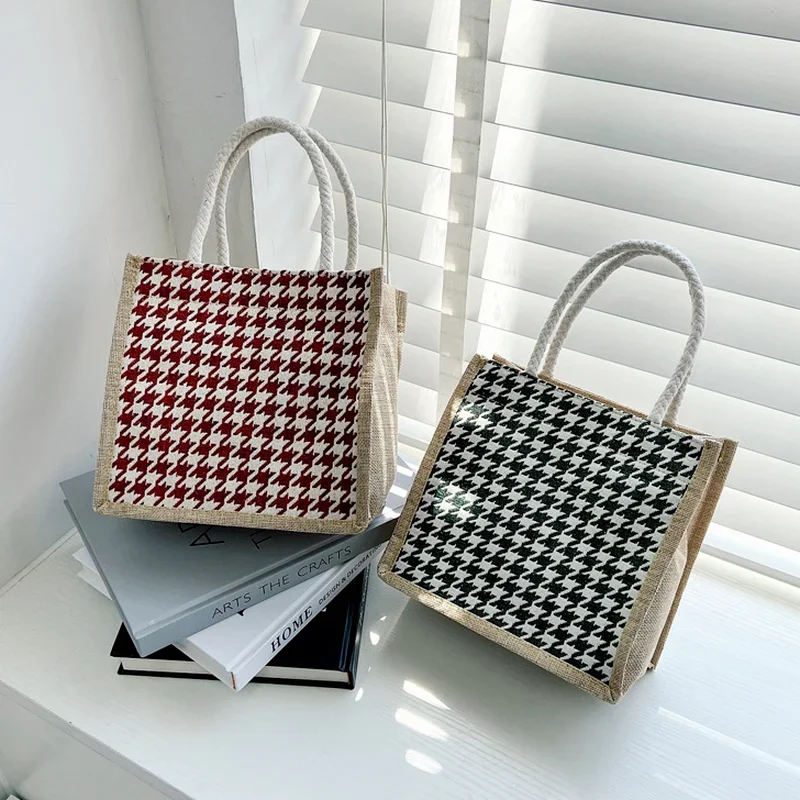 

Fashion Durable Women Student Cotton Linen Single Shoulder Bag Shopping Tote Check Plaid Female Flax Canvas Shopping Bags Bolsos