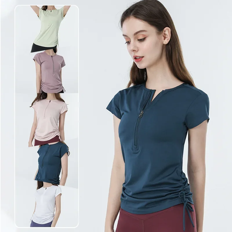 Women Sport Tennis Shirts Half Zipper Drawstring Gym Tops Ladies Short Sleeve Slim Running T-shirt Breathable Yoga Blouse