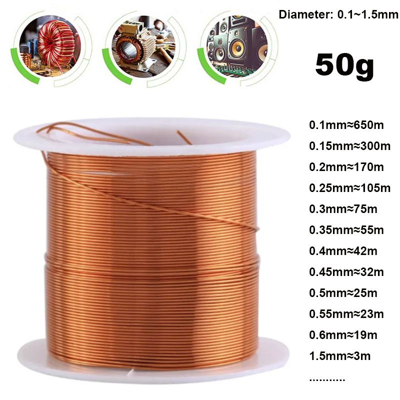 1-3Rolls 50g Copper Wire 0.1~1.5mm Cable Copper Wire Magnet Wire copper lacquer wire Enameled Copper Winding Wire