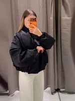 Blouson Bomber Noir Oversize pour Femme, Manches Bouffantes, Haut Drapé Croisé, Coupe Courte, Vêtement d'extérieur Décontracté, Collection Printemps Femme 6