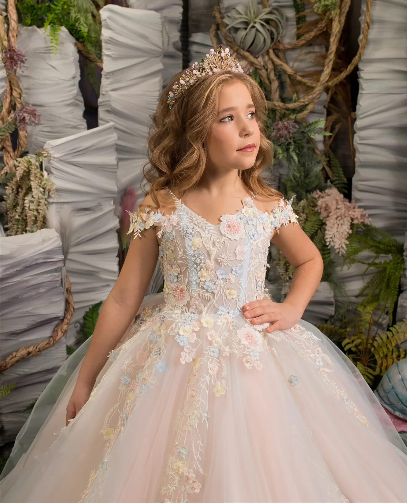 FlowerGirlDressPinkFluffyTulleAppliqueOneshoulderWedding