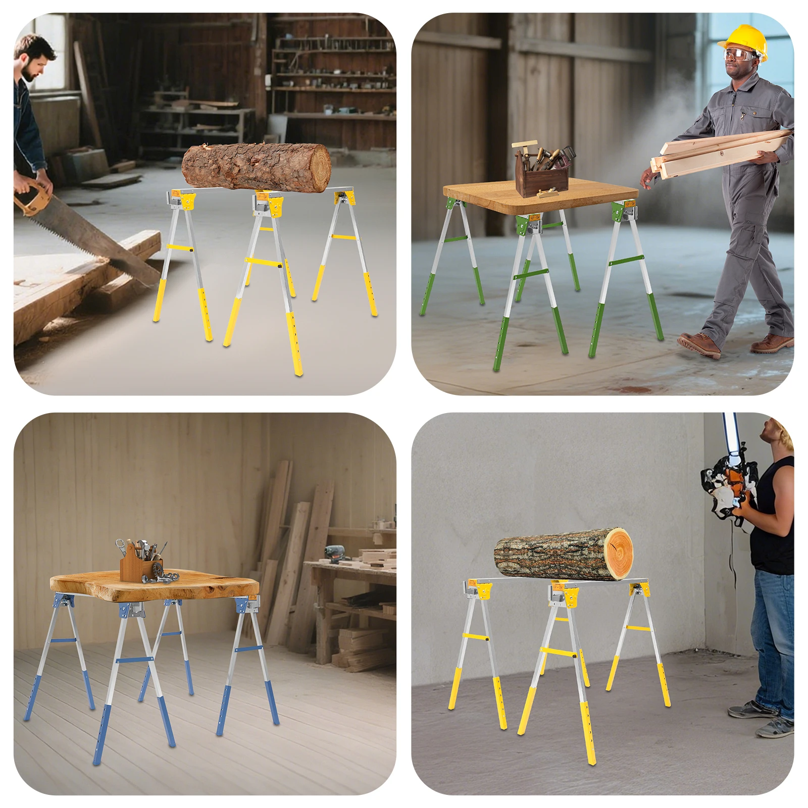 2Pcs Folding Saw Horse Chainsaw Mill Woodworking Station Adjustable Trestle 2645.55 lbs Max. Load Capacity Blue/Green/Yellow