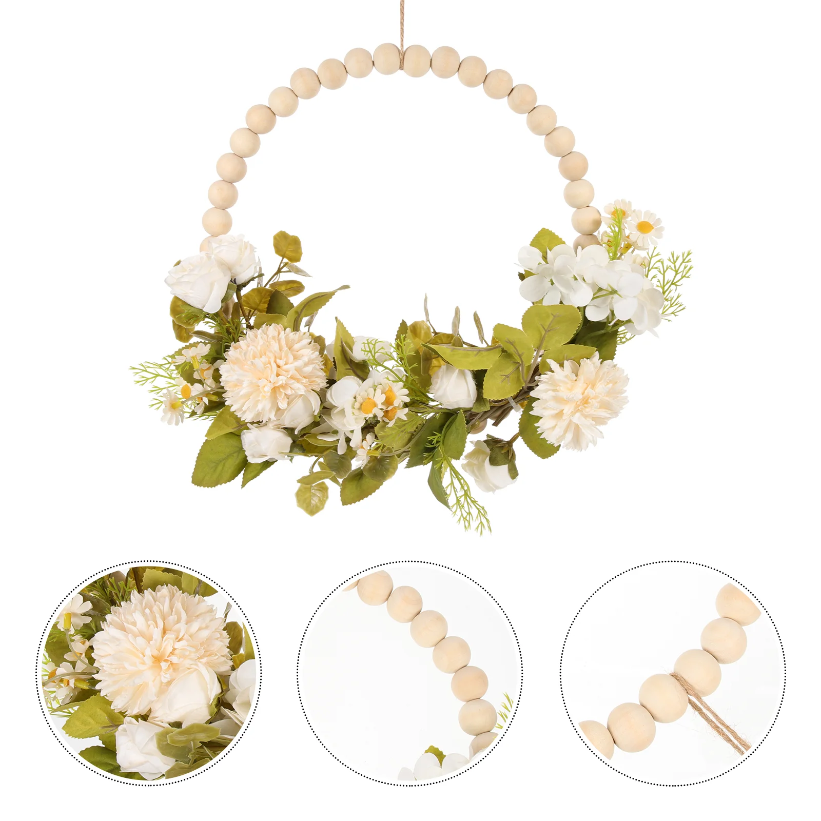 

Faux Wood Bead Garland Door Wreath for Wall Hanging Ornament Wedding Flower Vintage Sign Simulation Home Decor