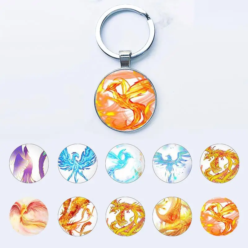 

TAFREE Yellow Crystal Flame Phoenix pattern Keyrings silver Keychains Round Glass Dome With Photos Jewelry CMX825