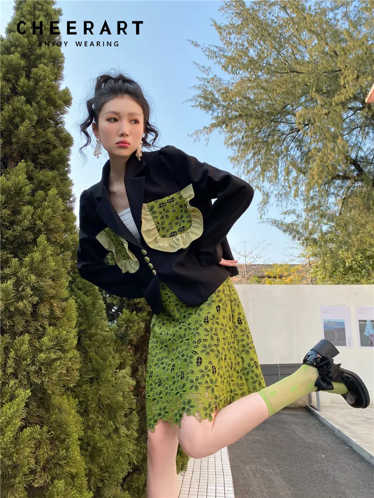 

CHEERART Green Hollow Out Summer Skirts For Women 2022 High Waist A Line Designer Skirt High Fashion Bottoms Vacation Outfits