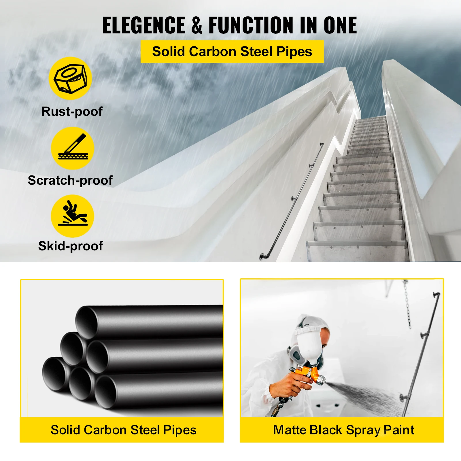 Stair Handrail VEVOR Stair Handrail Outdoor Safety Handrailings Loadable Staircase Hand Rail Stairway Straight Grab Support Round Corner Wall