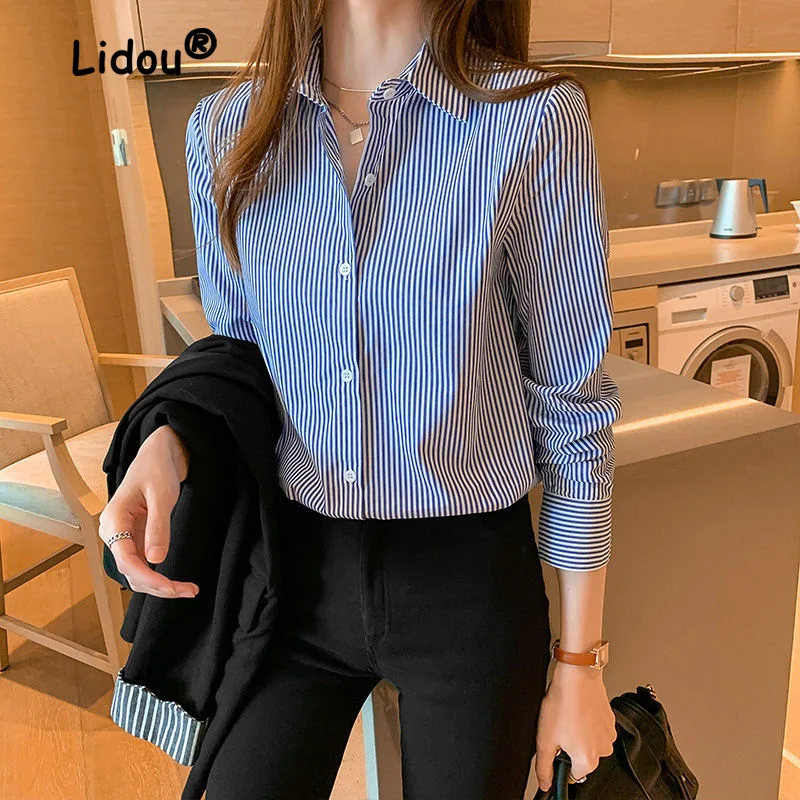 Profession Office Printing Striped Single-breasted Blouse Women New Long Sleeve Turn-down Collar Korean All-match Lady Shirt