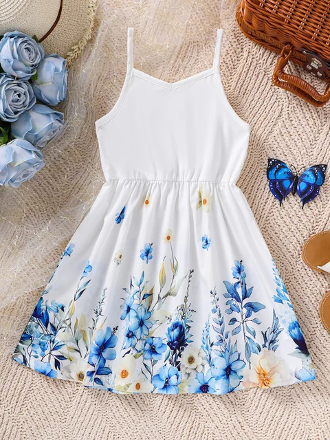Robe à bretelles à imprimé floral pour filles, vêtements doux et jolis pour enfants de 4 à 7 ans, nouvelle collection été 03 1