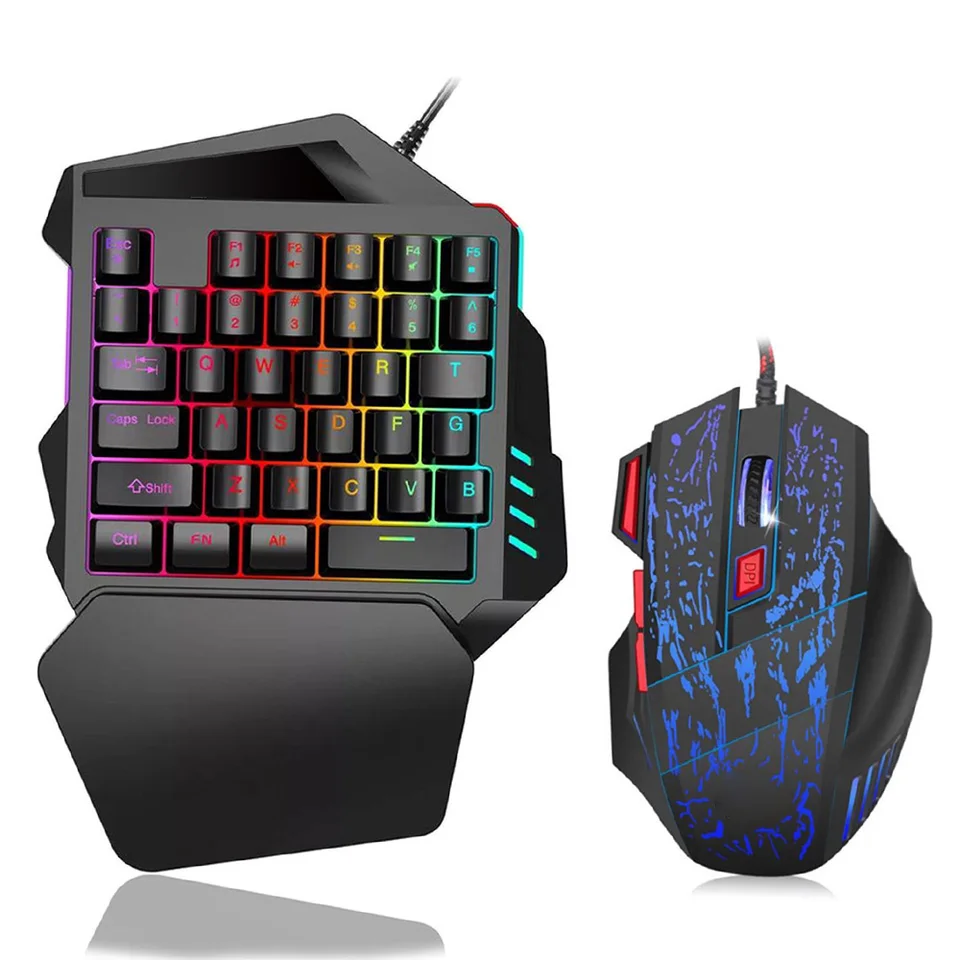 Tastiera E Mouse Da Gioco Con Una Mano, 39 Tasti PUBG Keycap Versione Wired Meccanica Feel Rainbow Backlit Mezza Tastiera Supporto Per Il Polso Mouse Da Gioco Con Cavo Usb Per Il Gioco