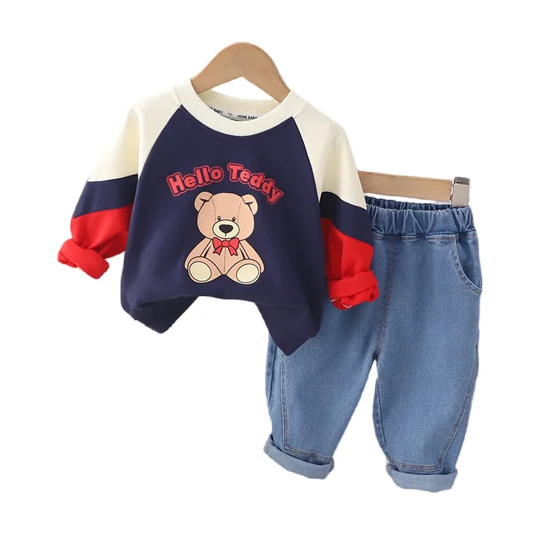 

Boys' Spring Suit Children's Color-block Bear Sweatshirt New Boy's Fashionable Two-piece Set 0-5 Ages