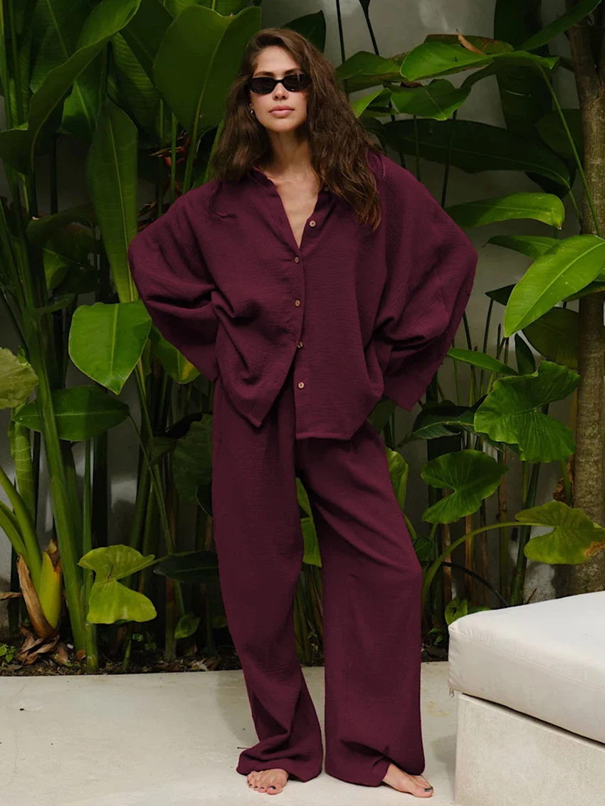 

Marthaqiqi Causal Female Nightwear 2 Piece Suit Long Sleeve Nightgowns Turn-Down Collar Sleepwear Pants Loose Women Home Clothes