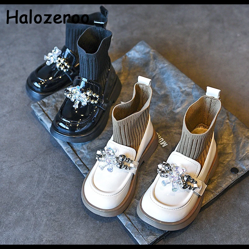 

New Kids Fashion Boots Baby Girls Bear Ankle Shoes Children Brand Princess Boots Slip On Sock Shoes Chain Leather Boots Winter