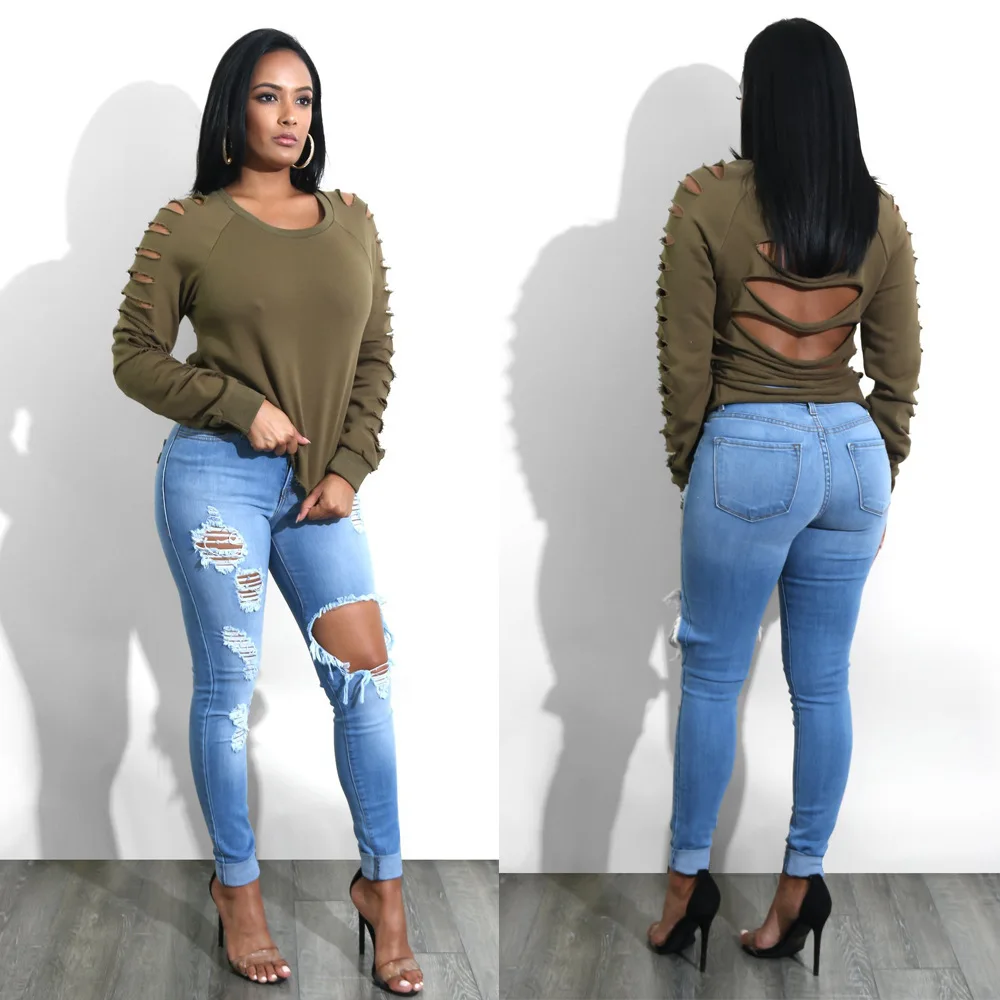 

2022 spring new European and American jeans women's ripped fashion skinny denim pencil pants jeans woman high waist