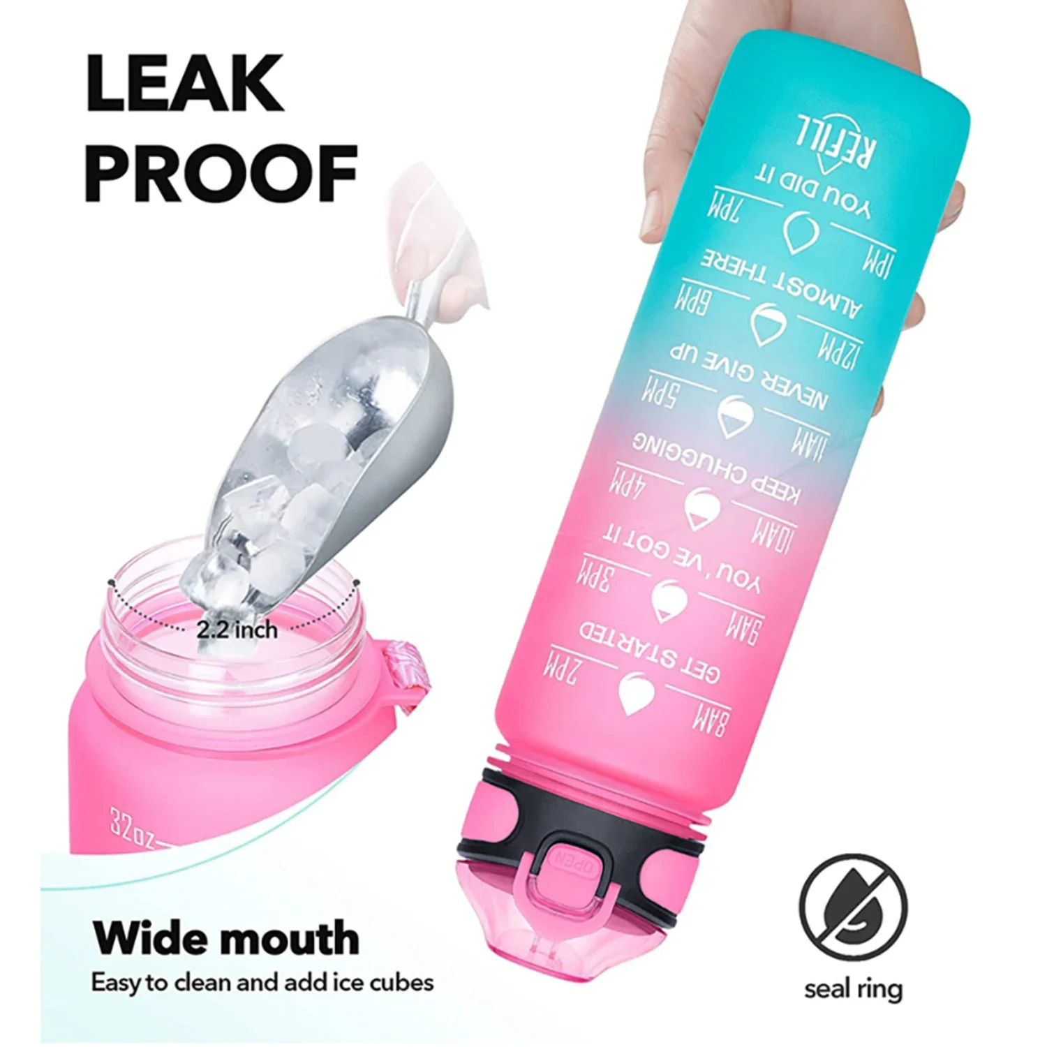 1L Sports Water Bottle with Straw and Time Marker Plastic Motivational Water Bottle Drinking Bottle Leakproof for Fitness Gym