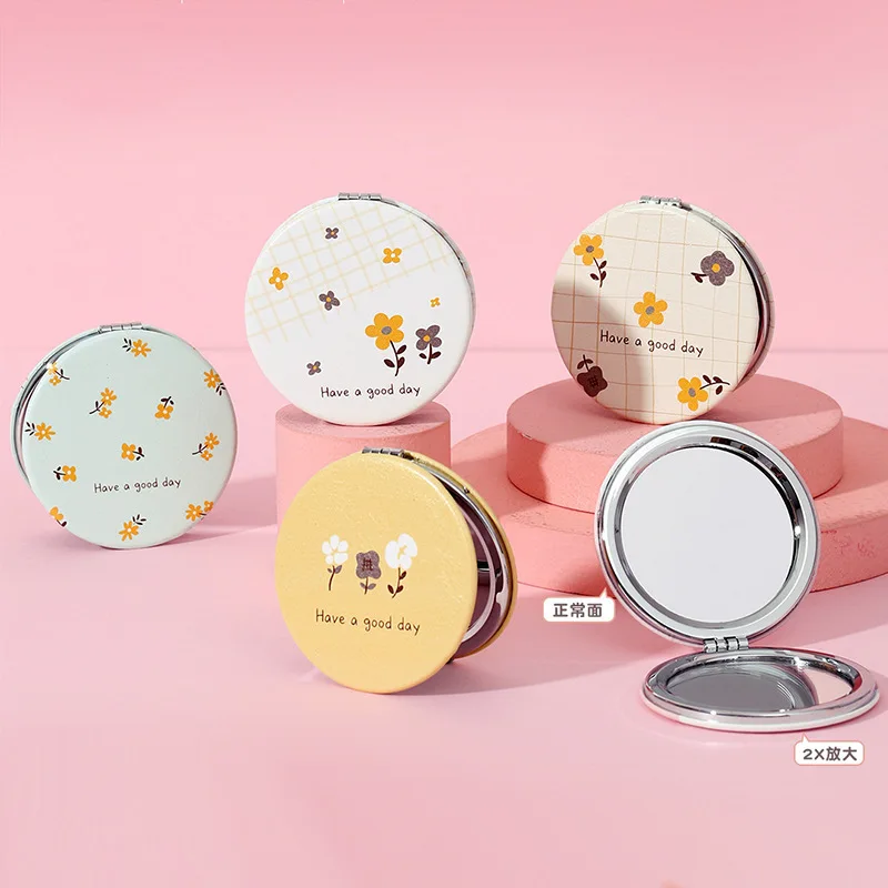 Makeup Mirror Pu Small Round Square Mirror Doublesided Folding Cosmetics Mirror Round Folded