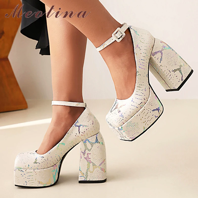 

Meotina Women PU Leather Ankle Strap Shoes Thick Heels Platform Pumps Super High Heel Buckle Ladies Footwear Spring White 43