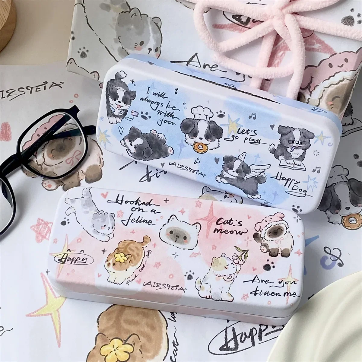 Ins Cute Cartoon Cat Puppy Cream Color Glasses Case Kawaii Girl Outdoor Portable Myopia Glasses Sunglasses Dustproof Storage Box