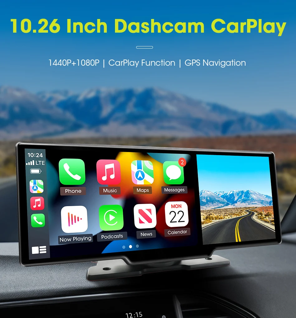 Srnubi 10,26-Zoll-Carplay-Bildschirm für Auto-DVR-Multimedia, kabelloses Carplay und Android Auto, Auto-Stereoanlage, Mirror Link, Bluetooth, AUX-Player – Detail 1