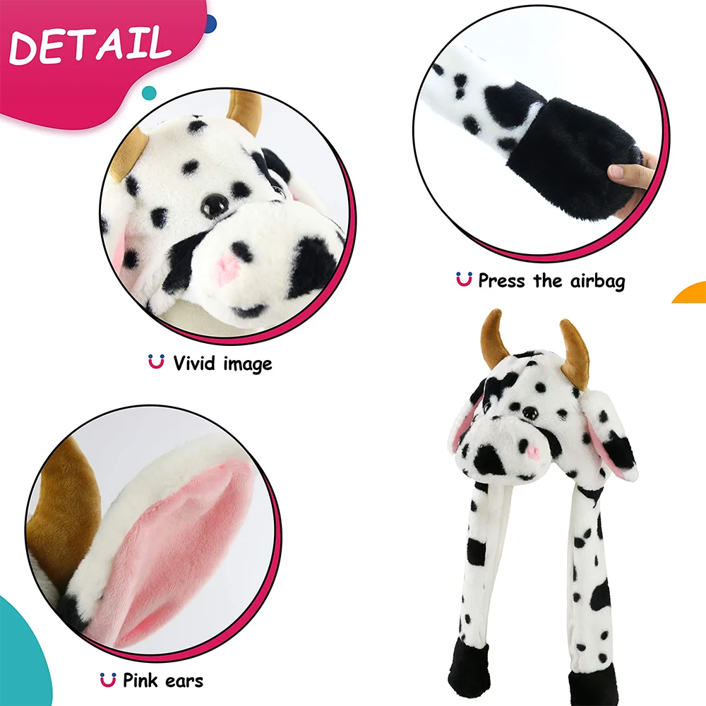 23cm Ear Moving Jumping Hats Stuffed Cow Funy Interactive Hat for Kids Girl Boy Cosplay Christmas Party Hat Plush Animal 5