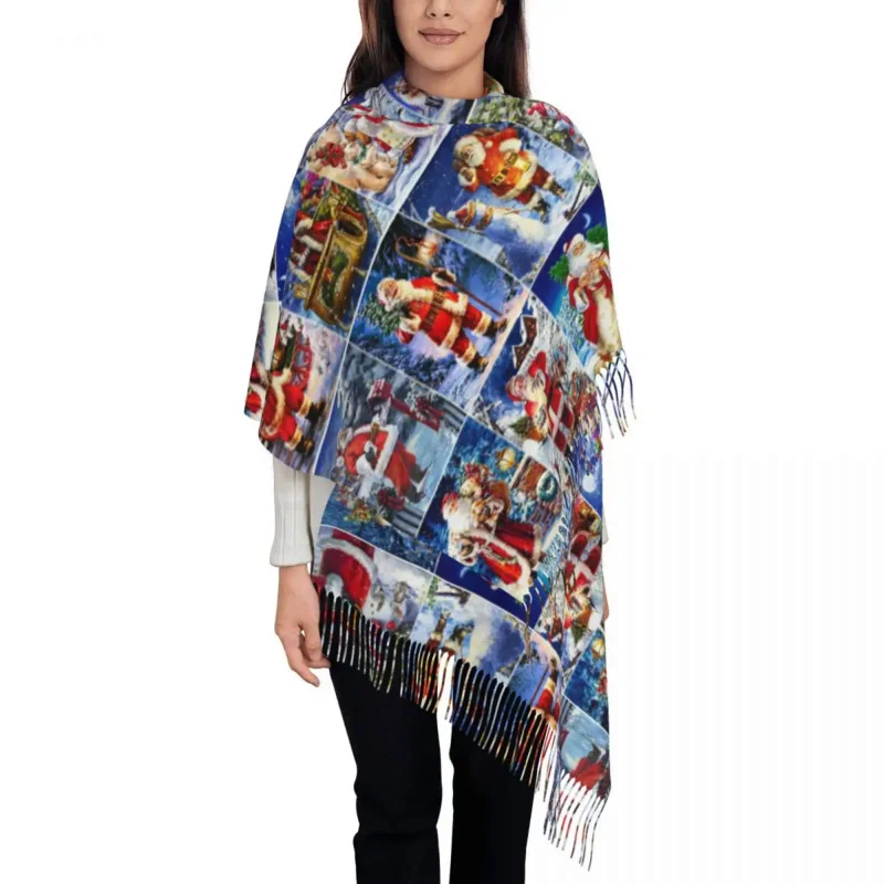 

Merry Christmas Scarf for Womens Winter Warm Pashmina Shawls and Wrap Santa New Year Long Scarves with Tassel Ladies