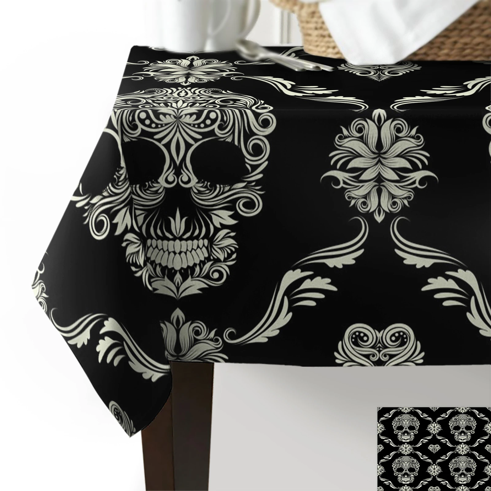 Halloween Flower Style Skull Black Tablecloths Waterproof Kitchen