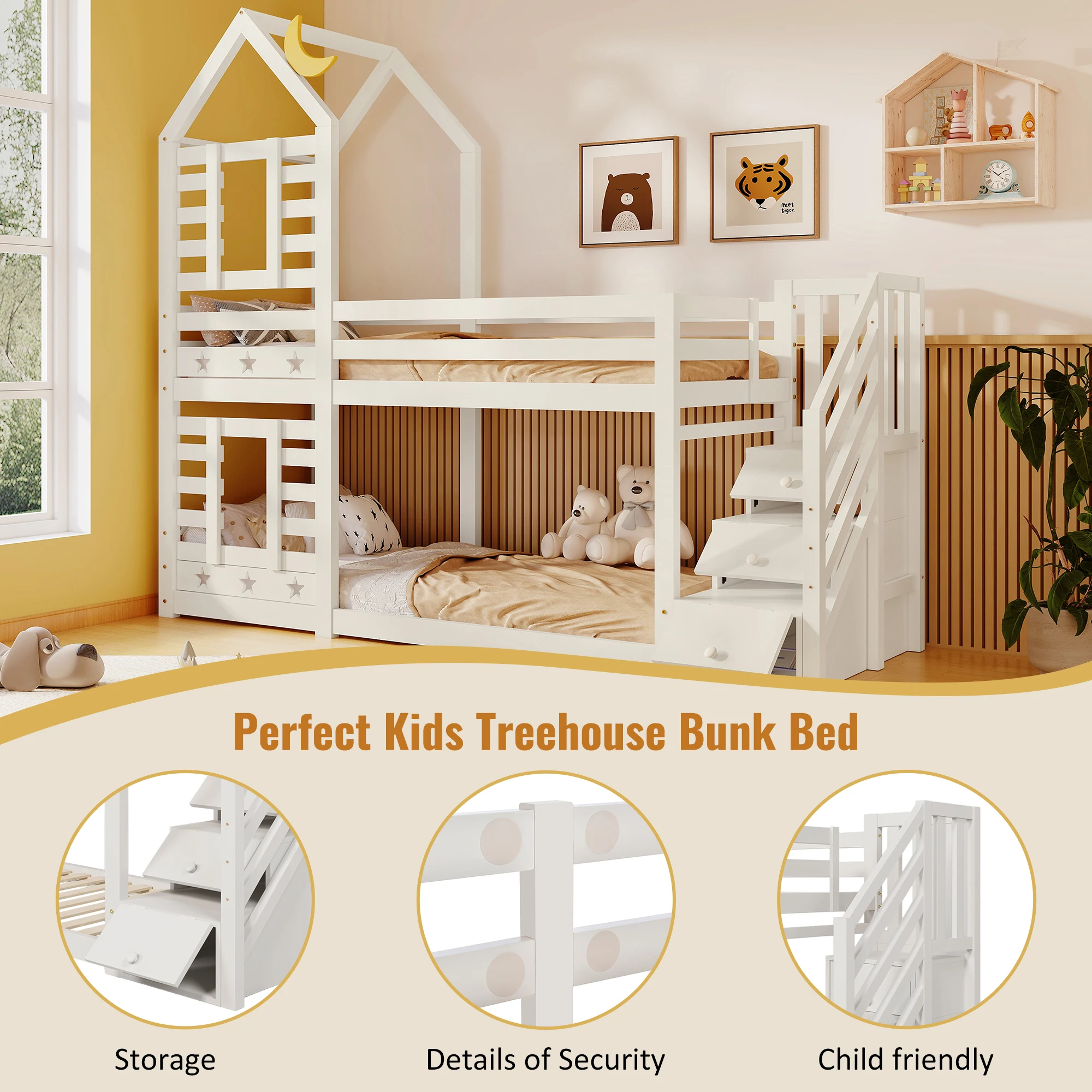 Kinderbett, Etagenbett Baumhaus mit Schubladen und Absturzsicherung 90 x 200 cm, Hochbett für Kinder – 2x Lattenrost – weiß – Detail 21
