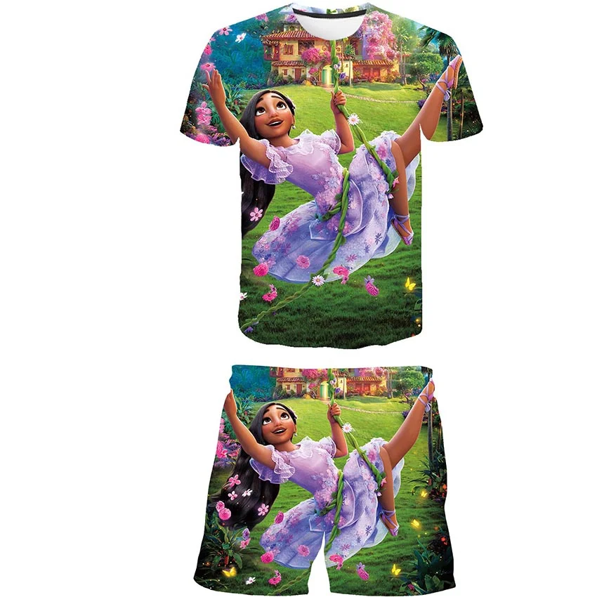 

Children Suit Disney Full of magic Princess print Fashion Top Tee + Casual Beach Short Pants Fashion Match Clothing Suit 6M-14T