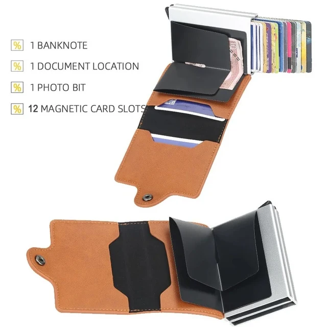 12 Card Slots Magic Anti RFID Double Aluminum Box Automatically PU Leather Wallet Card Holder Large Capacity ID Credit Bank Case 5