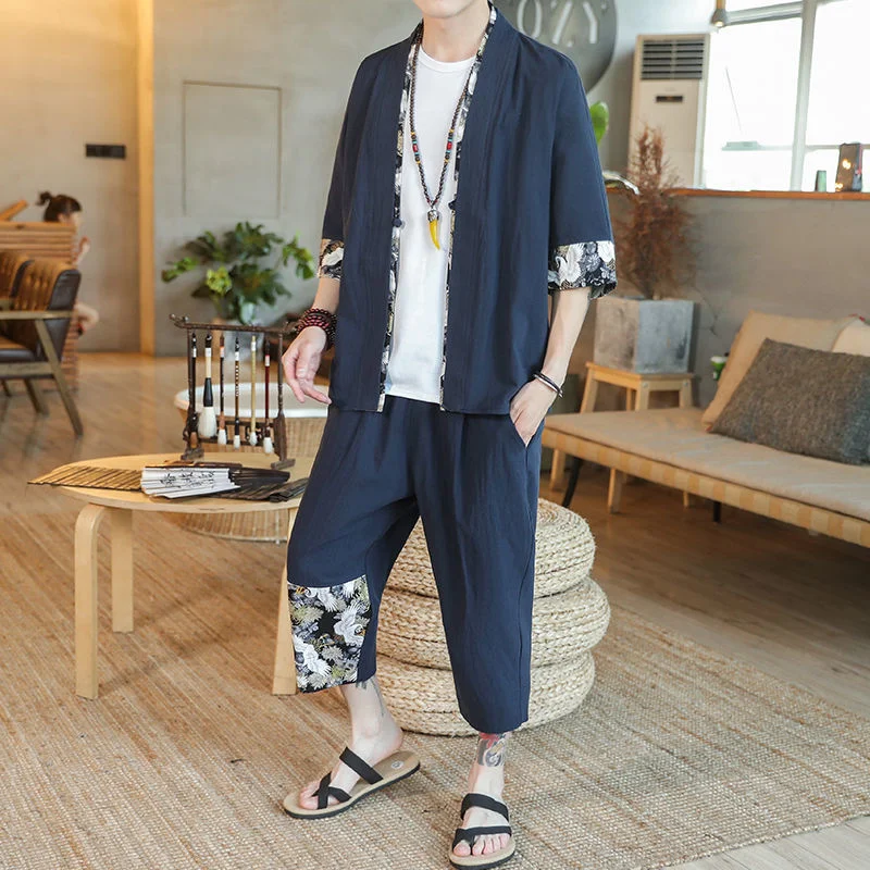 

MRGB 2023 Fashion Men’s Pattern Print Suit Casual Oversized Male New Shirt Straight Pants Summer Loose Vintage Man Suit 5XL
