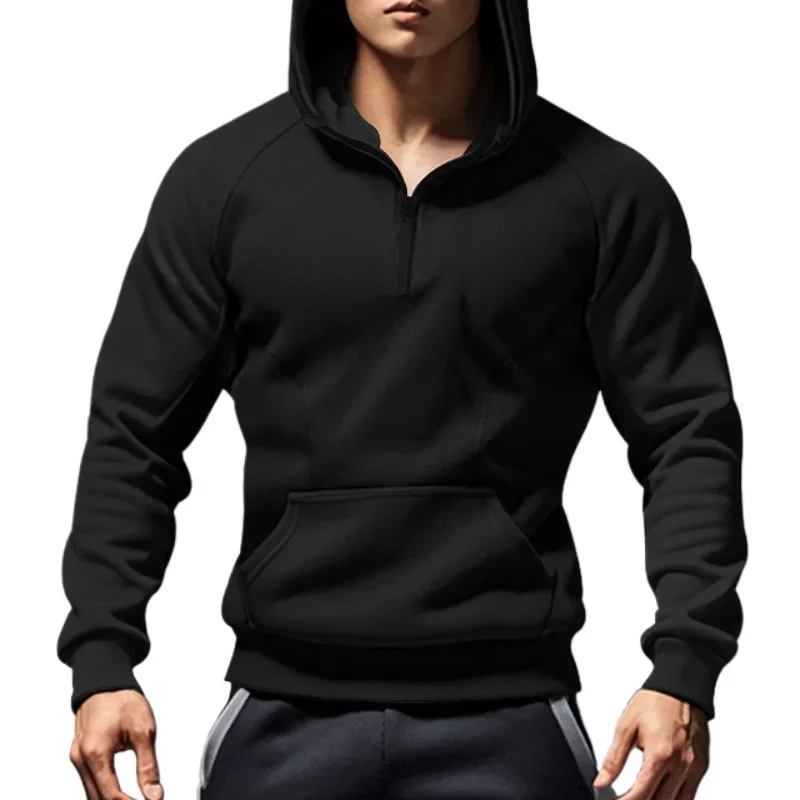 2024 Mens Half-Zip Sweatshirts Autumn Male Stand Collar Loose Solid Color Hooded Velvet Hoodie for Men Casual Army Green Hoodies 4