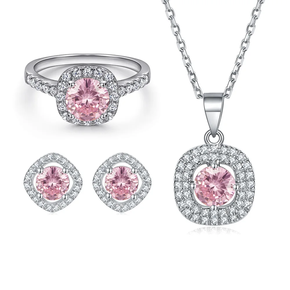 

PJS4 Rhinestone Wedding Neckalce Earrings Set for Women Bridal Accessories Pink Crystal Indian Jewelry Set Birthday