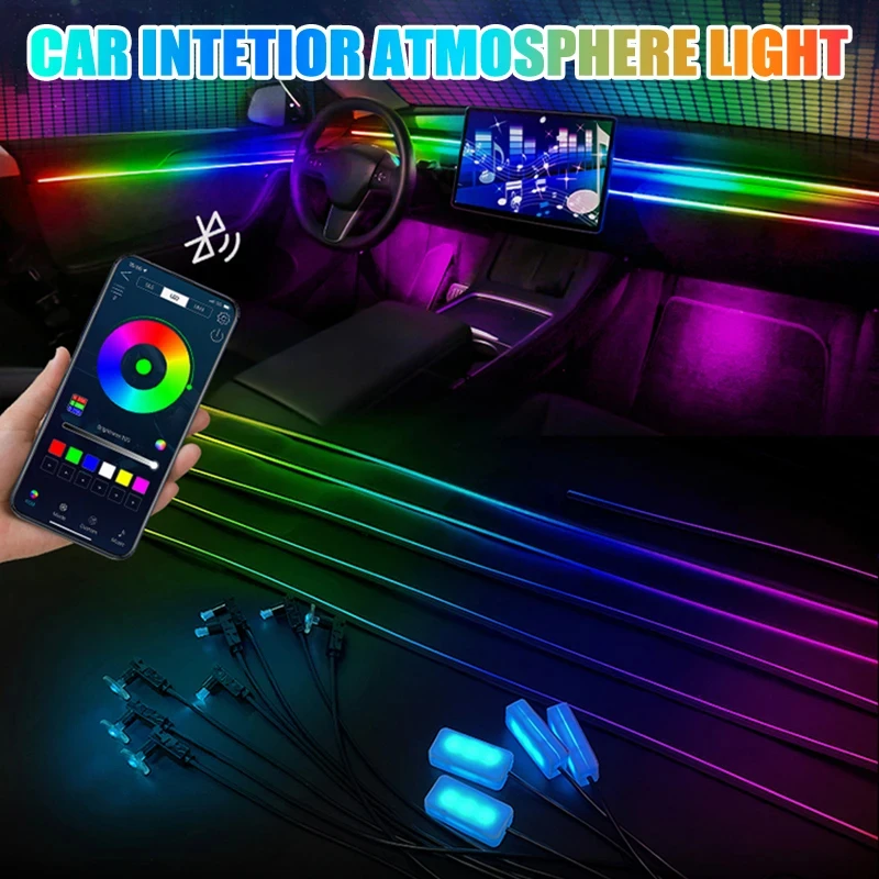 

Full Color Streamer Car Ambient Lights Universal APP Control 64 Colors RGB LED Interior Hidden Acrylic Atmosphere Lamp Strip