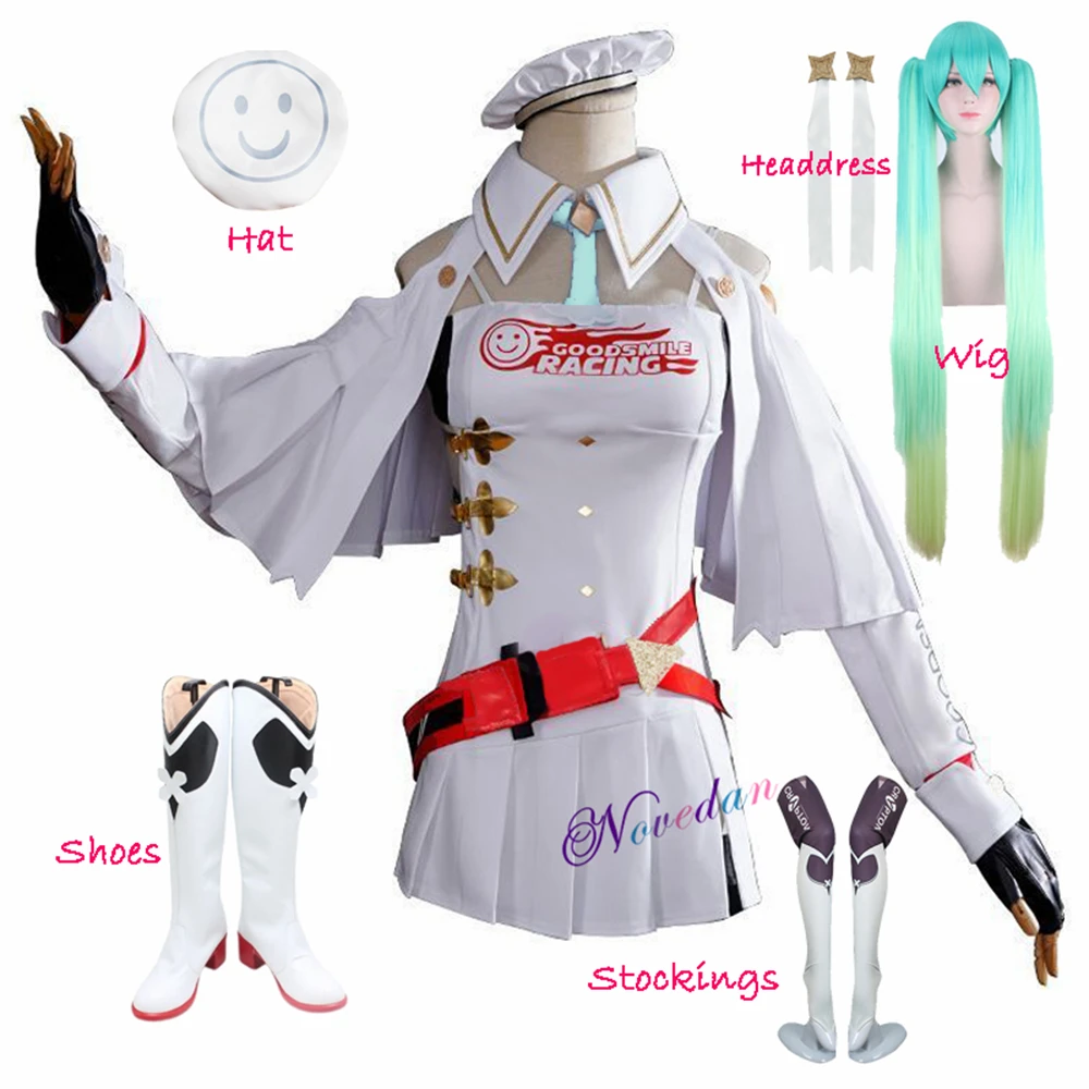 

Racing Miku Cosplay 2023 Flag Costume Anime Miku White Dress Cloak Shoes Props Halloween Women Girl Racing Paert Costume Wig