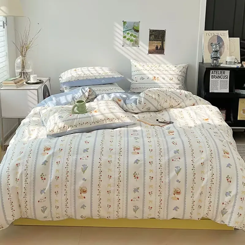 Korean Style Fashion Bedding Set Kids Adults Twin Full Queen Size Blue Bed Flat Sheet Duvet Cover Pillowcases Floral Bed Linen