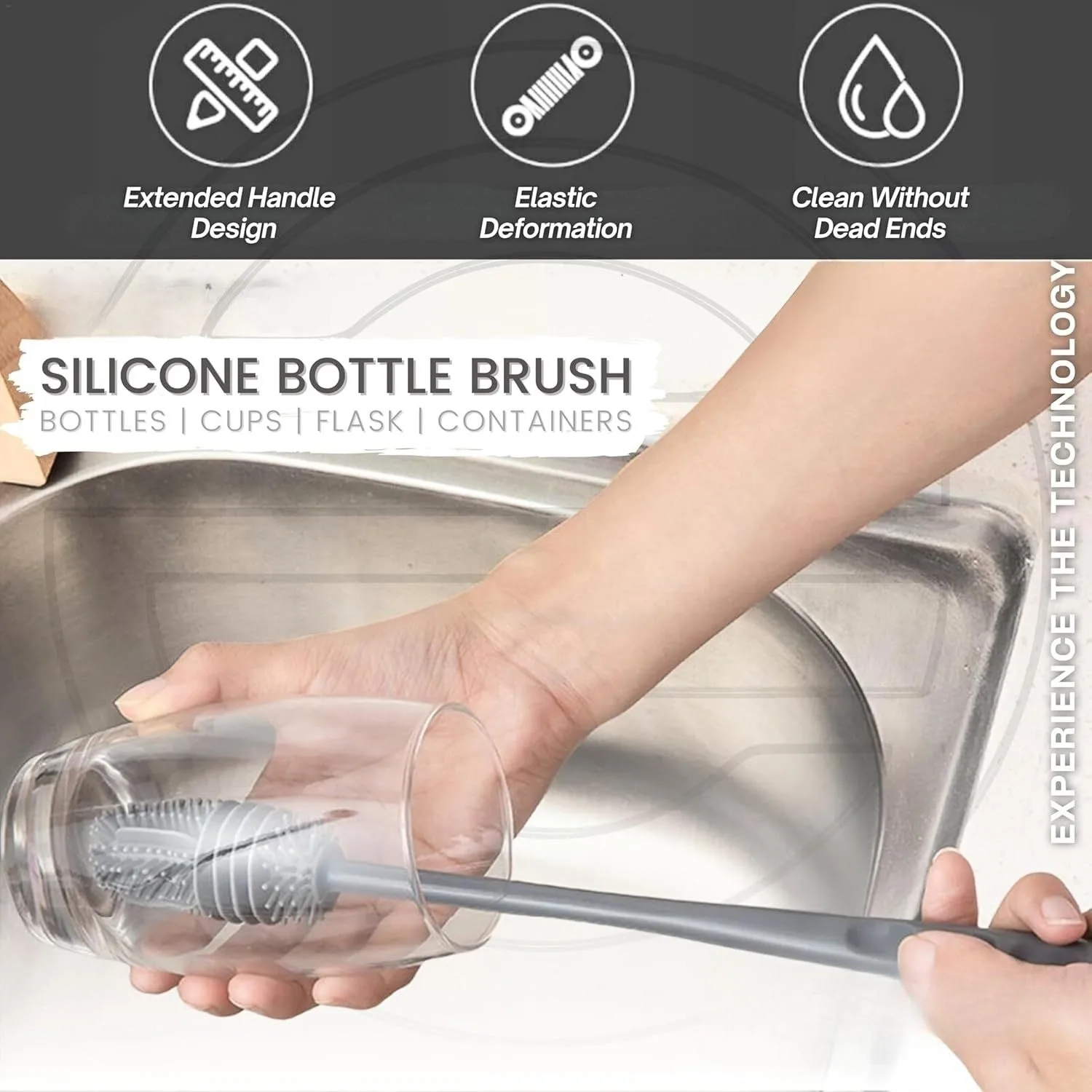 Silicone Bottle Brush , Long Handle Bottle Cleaner, 13" Bottle Cleaning Brush for Flasks, Vacuum Sports Bottles, Vases and Glassware (Grey) 6