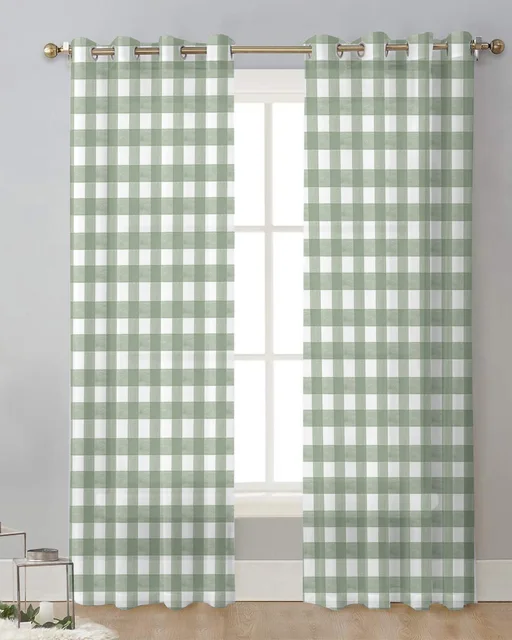 Sage Green Check Curtain Tulle Curtains For Living Room Kitchen Window Treatments Voile Curtains