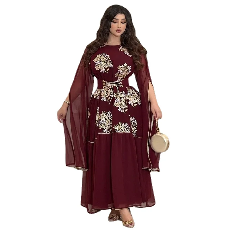 

Women Embroidery Belted Evening Moroccan Kaftan Mesh Covering Long Sleeve Dubai Abaya Turkish Dress Party Robe Musulman